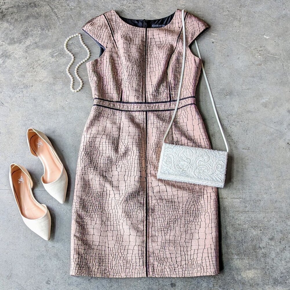 David Meister Brown Metallic Cap Sleeve Pencil Sheath Dress size 6